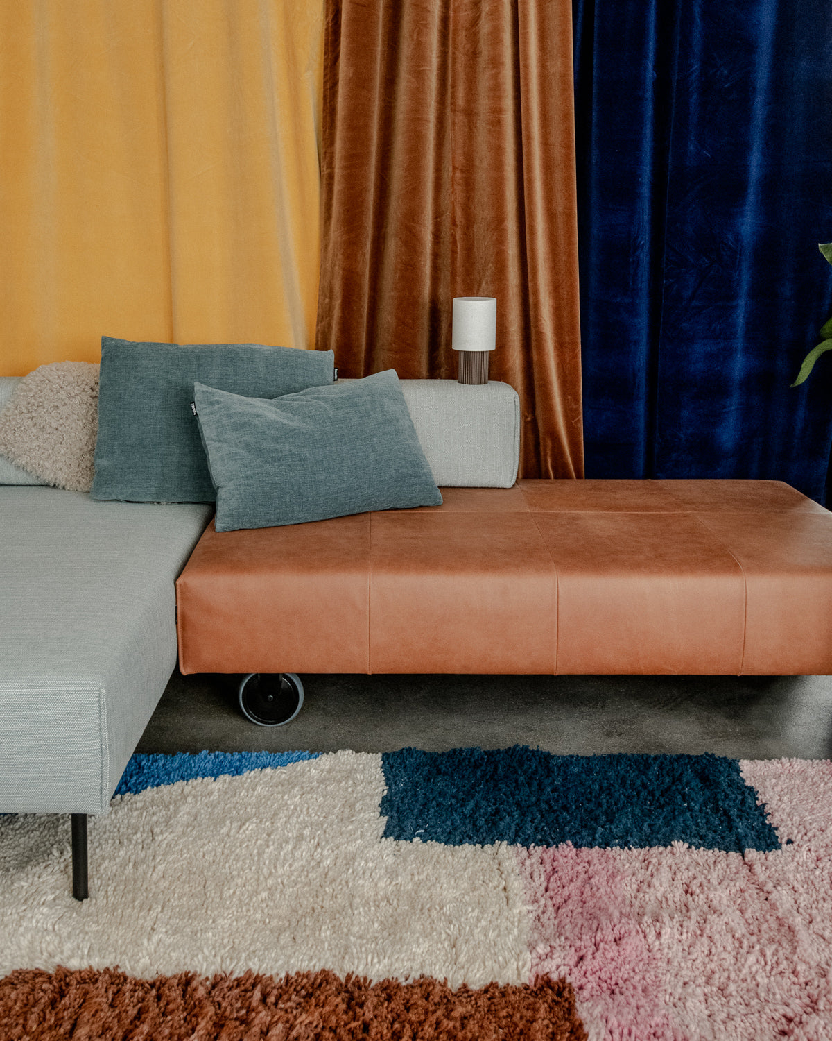 Modern, designer, handcrafted Berber rug from Morocco. Beniourain carpet with beautiful colours and patterns and fluffy wool texture.